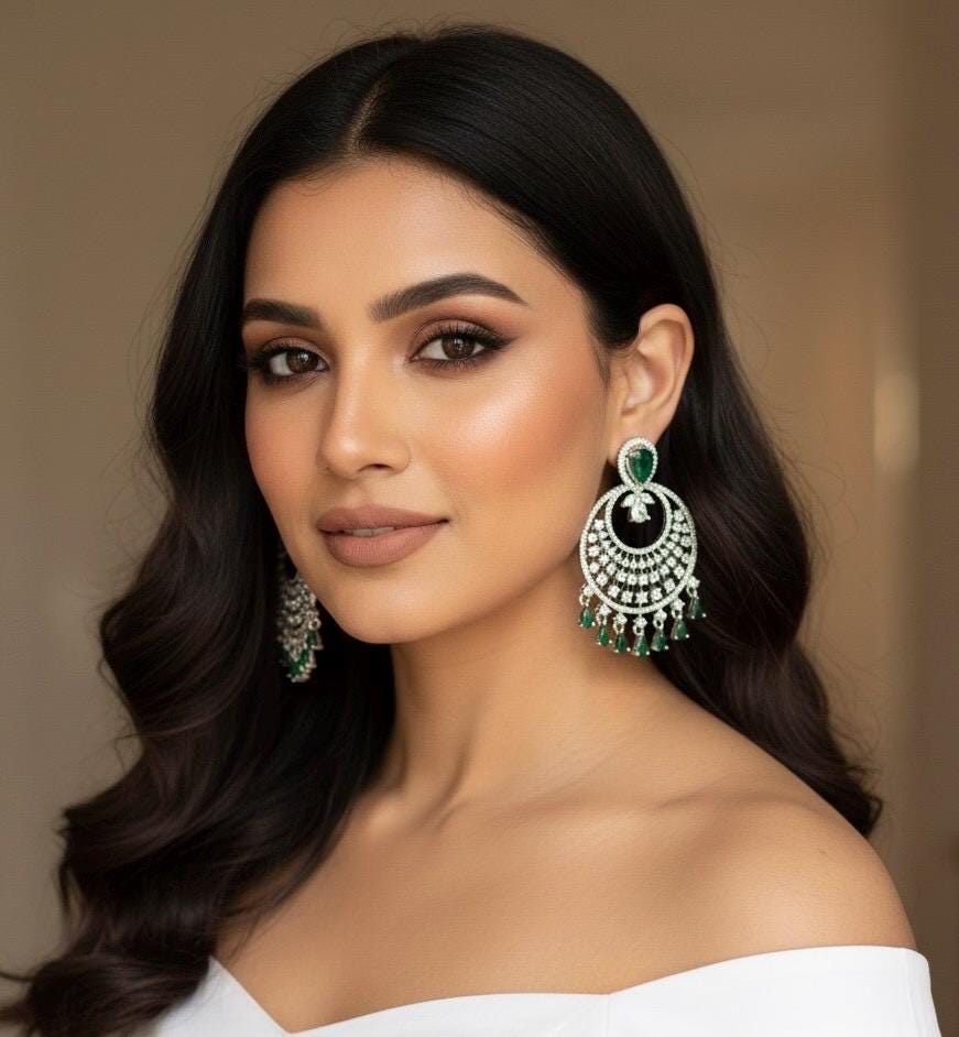 NURA high quality Emerald green american diamond earrings Indian Wedding jewellery, bridal,bollywood jewelry, prom night, green cz chandbali