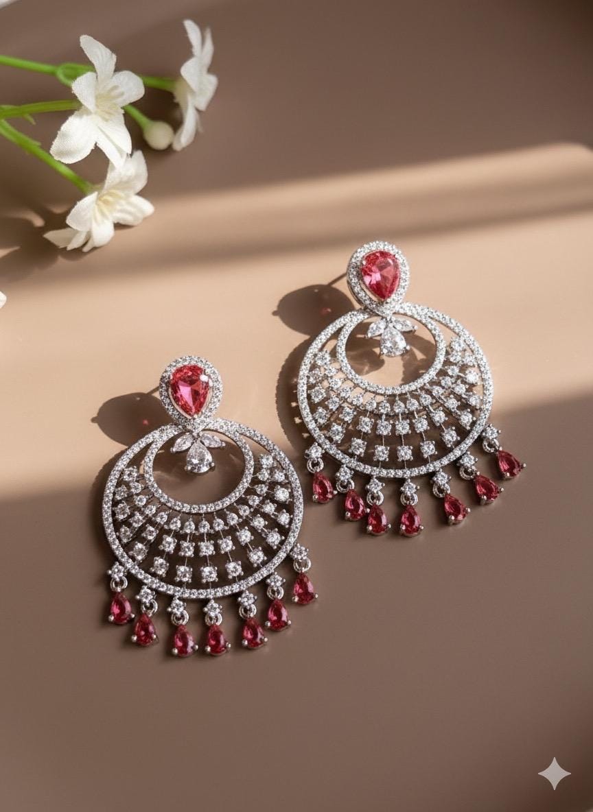 NURA high quality Red cz american diamond earrings Indian Wedding jewellery, bridal jewelry, prom night, red cz chandbali