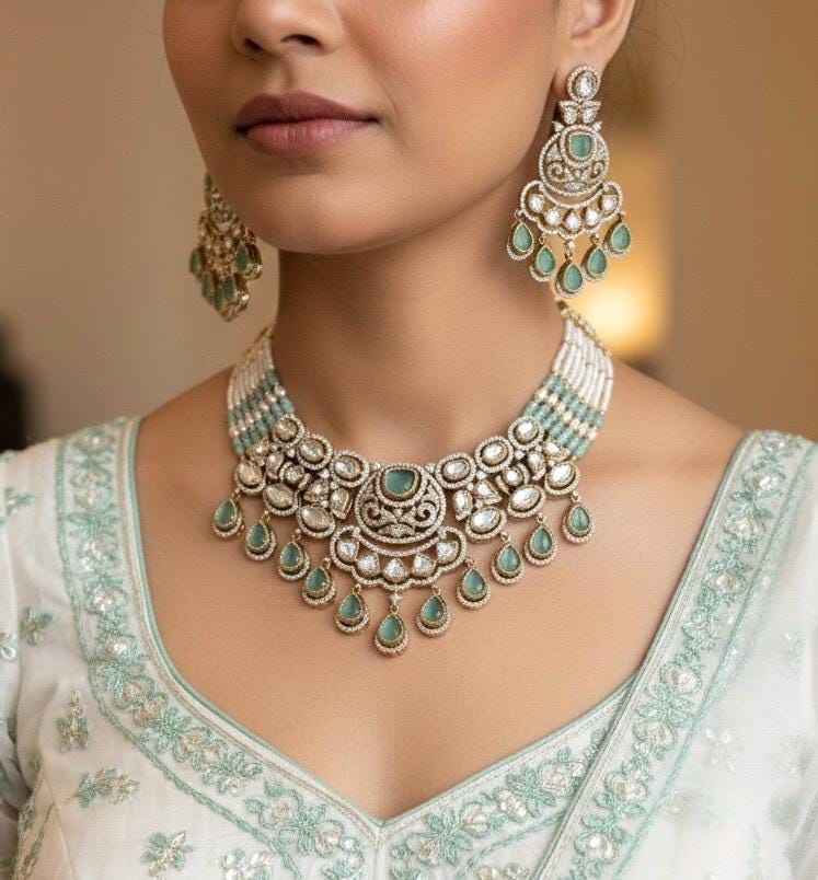 KASHMIRA mint colour Premium quality Moissanite and kundan Necklace set, Indian Pakistani wedding bridal jewelry,uncut polki festive jewelry