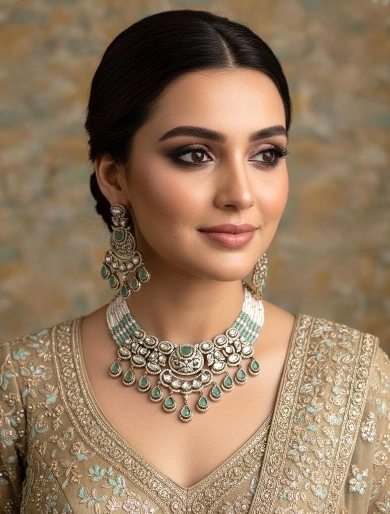KASHMIRA mint colour Premium quality Moissanite and kundan Necklace set, Indian Pakistani wedding bridal jewelry,uncut polki festive jewelry