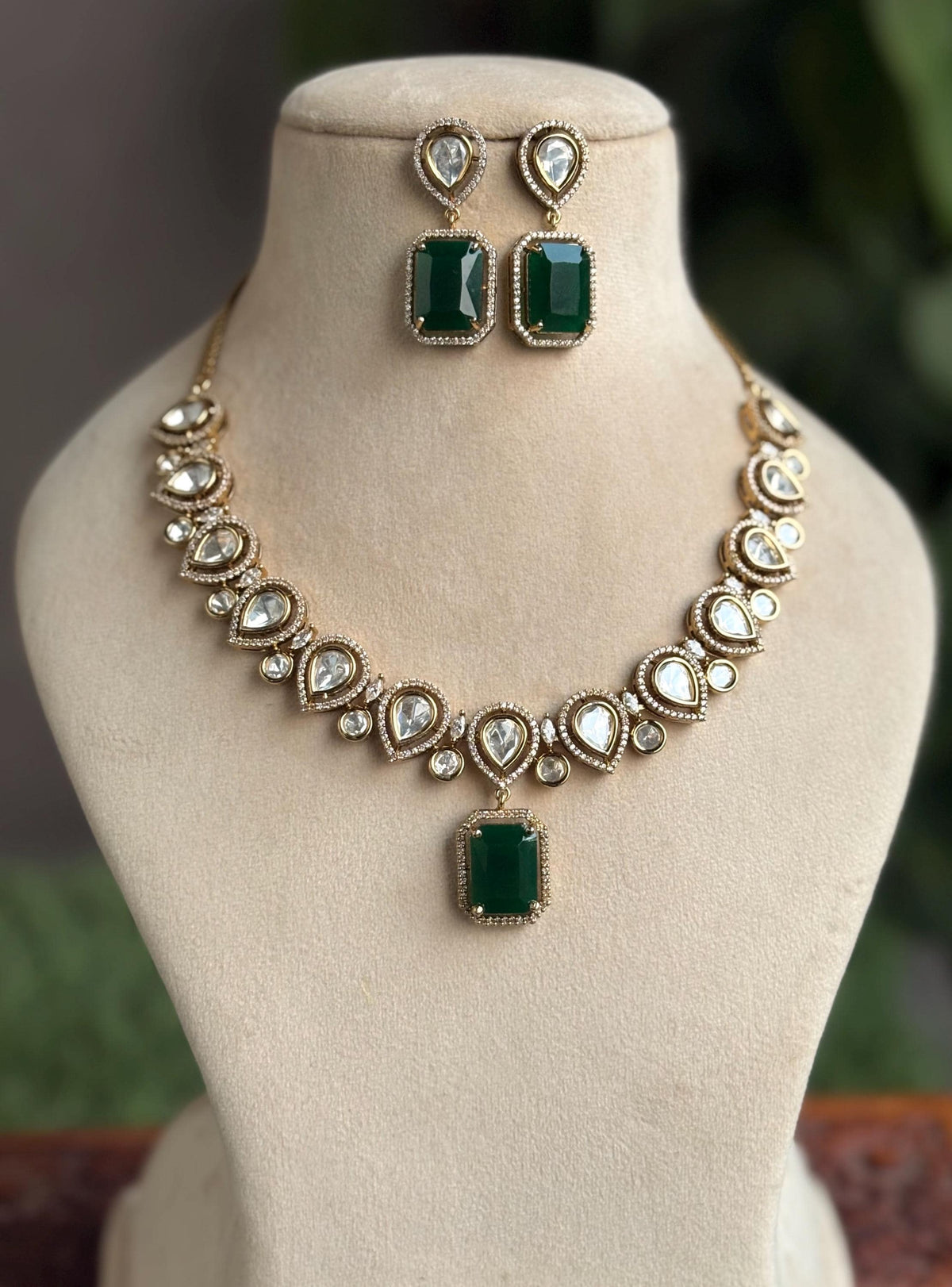 REEVA Emerald green Premium quality Moissanite and kundan zircon Necklace set ,indian Pakistani wedding bridal uncut diamond jewelry