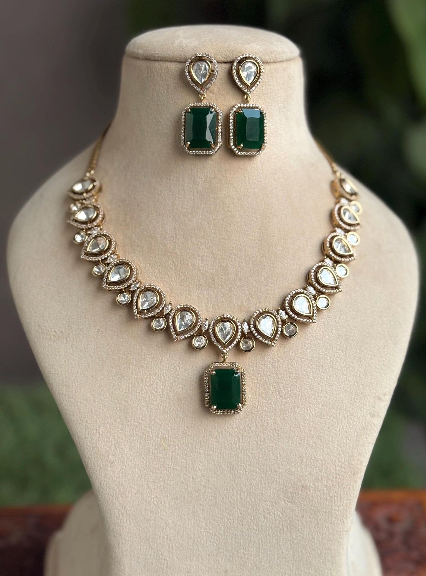 REEVA Emerald green Premium quality Moissanite and kundan zircon Necklace set ,indian Pakistani wedding bridal uncut diamond jewelry