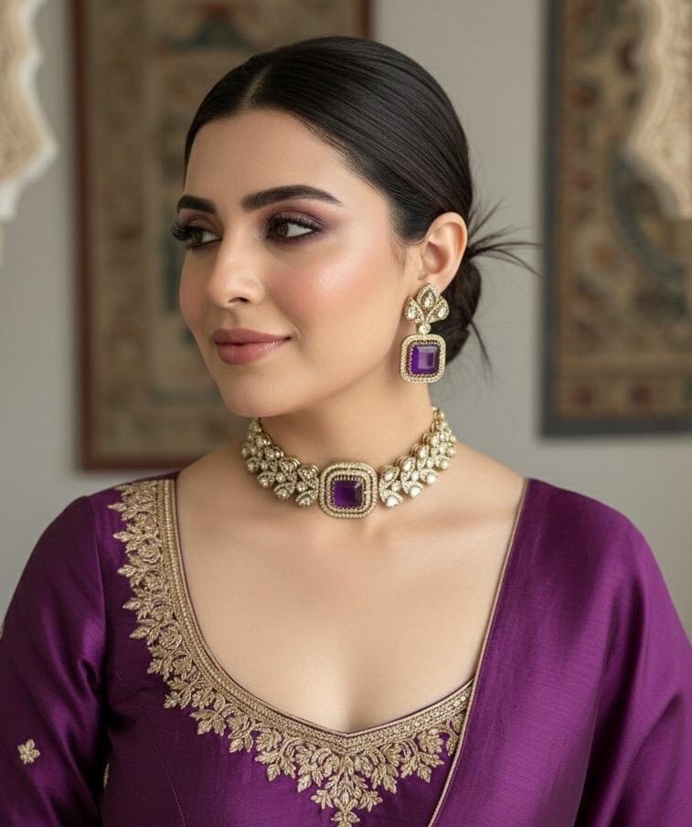 VRINDA Purple Victorian style Sabyasachi kundan choker set in high quality doublet stone,Indian Pakistani bridal wedding amethyst jewelery