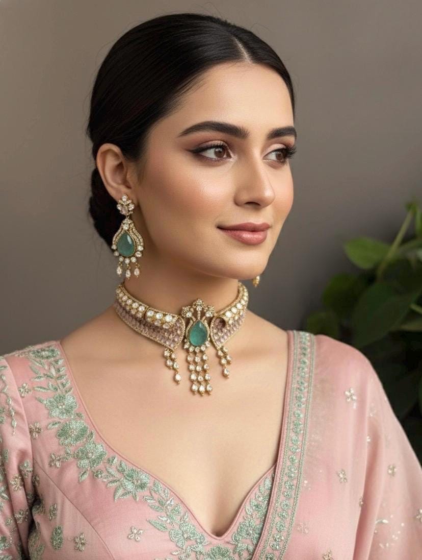 ARSHEYA Victorian look Mint Doublet Stone kundan choker Necklace Set with Earrings,Statement jewelry,Indian Pakistani wedding bridal jewelry