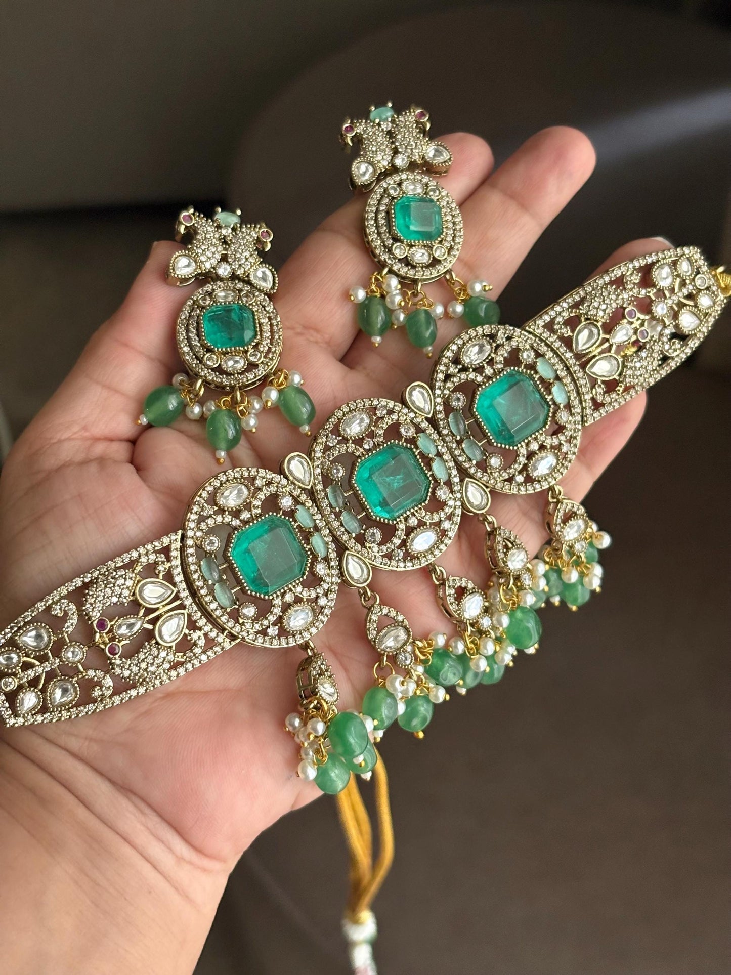 TANISHI Mint green Doublet Stone kundan Necklace choker Set  Earrings,moissanite kundan Indian Pakistani wedding bridal  jewelry