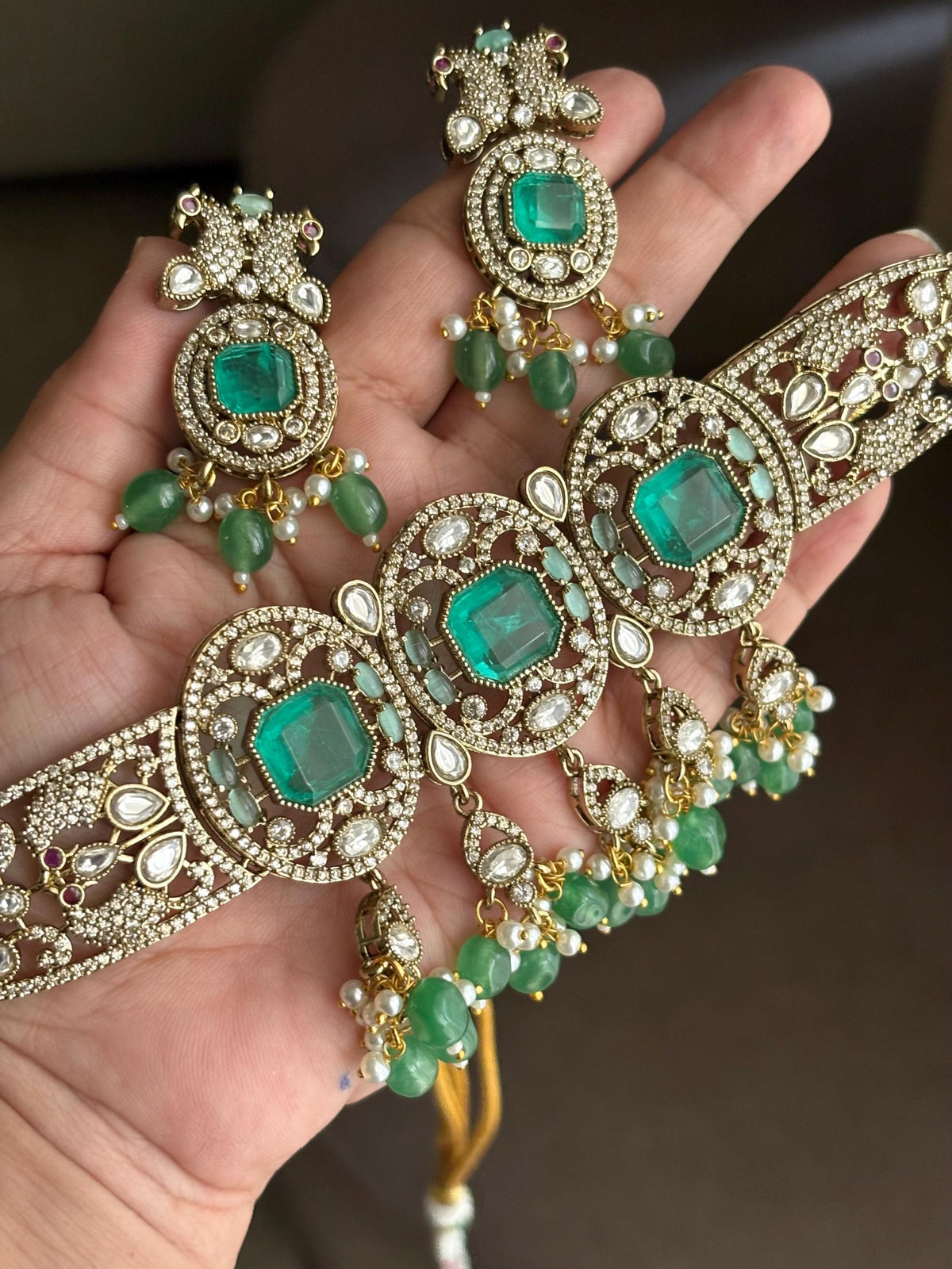 TANISHI Mint green Doublet Stone kundan Necklace choker Set  Earrings,moissanite kundan Indian Pakistani wedding bridal  jewelry