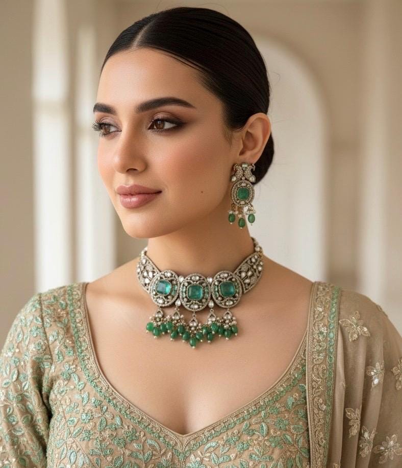 TANISHI Mint green Doublet Stone kundan Necklace choker Set  Earrings,moissanite kundan Indian Pakistani wedding bridal  jewelry