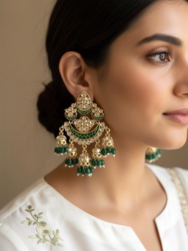 KIRTI Green colour earrings / Bollywood kundan earrings /Pakistani Wedding bridal /Navratri function Indian Diwali jewelry/green chandbali