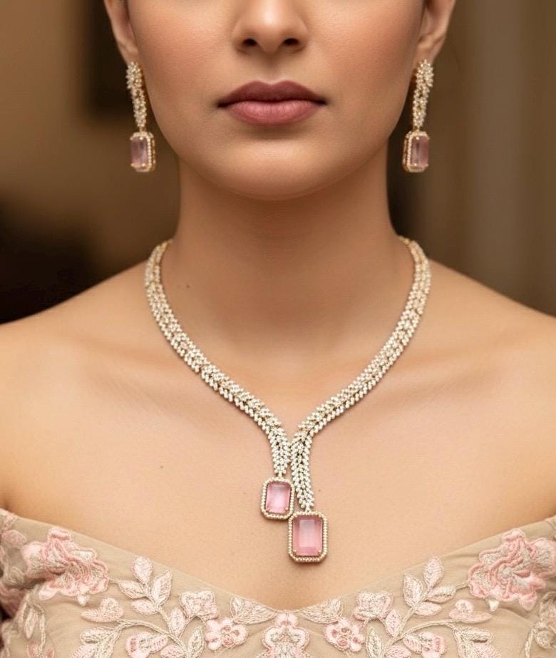 RHIANNA two tone Light pink golden polish necklace set, cz zircon American Diamond jewelry Pakistani bridal wedding jewelry