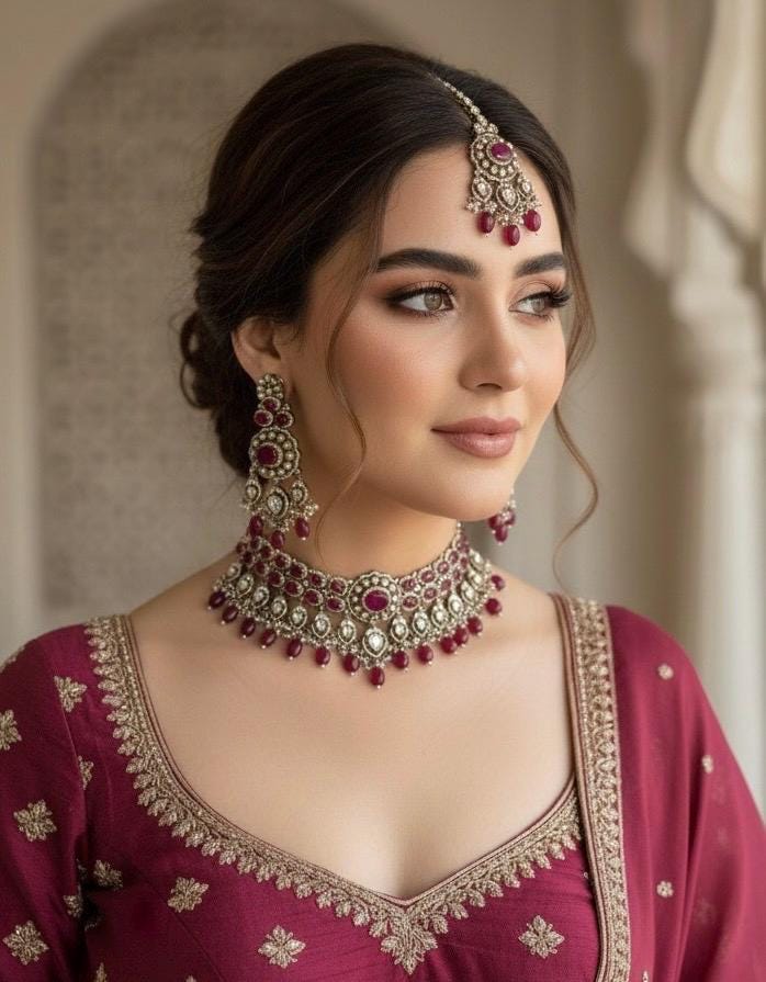 PARINAZ Ruby colour Premium quality Moissanite and kundan Necklace set, Indian Pakistani wedding bridal uncut polki jewelry with maangtika