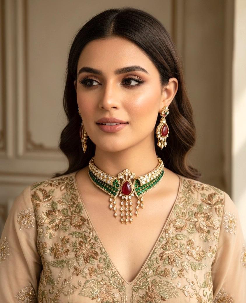 ARSHEYA Premium quality Ruby red and green Doublet Stone polki kundan choker Necklace Set ,Statement wedding bridal jewelry