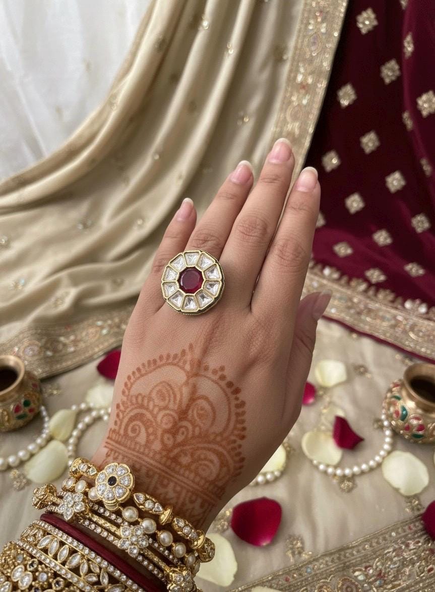 ALYA Ruby red adjustable kundan ring , Indian ethnic high quality ring, Indian Pakistani bridal jewelry