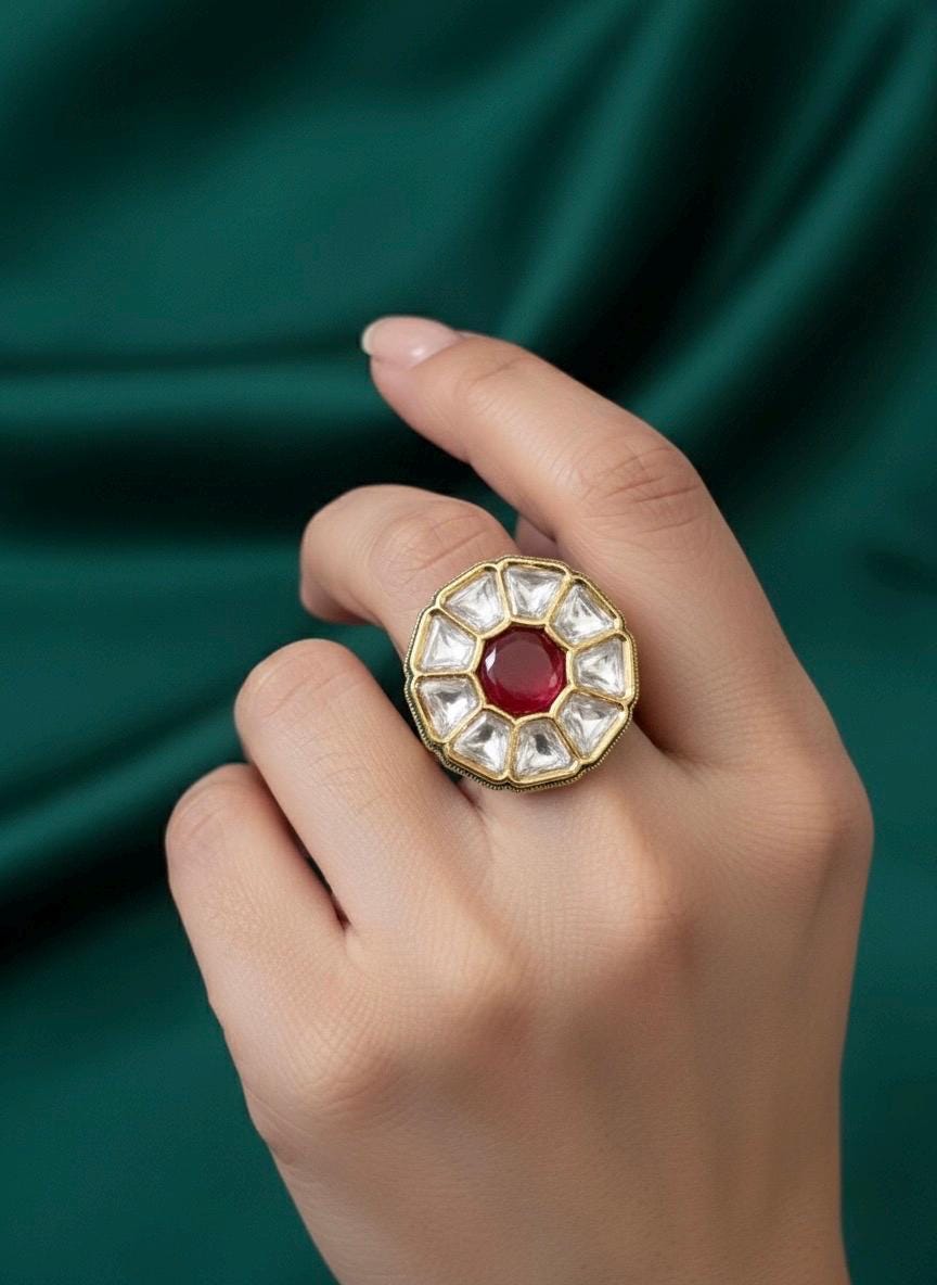 ALYA Ruby red adjustable kundan ring , Indian ethnic high quality ring, Indian Pakistani bridal jewelry
