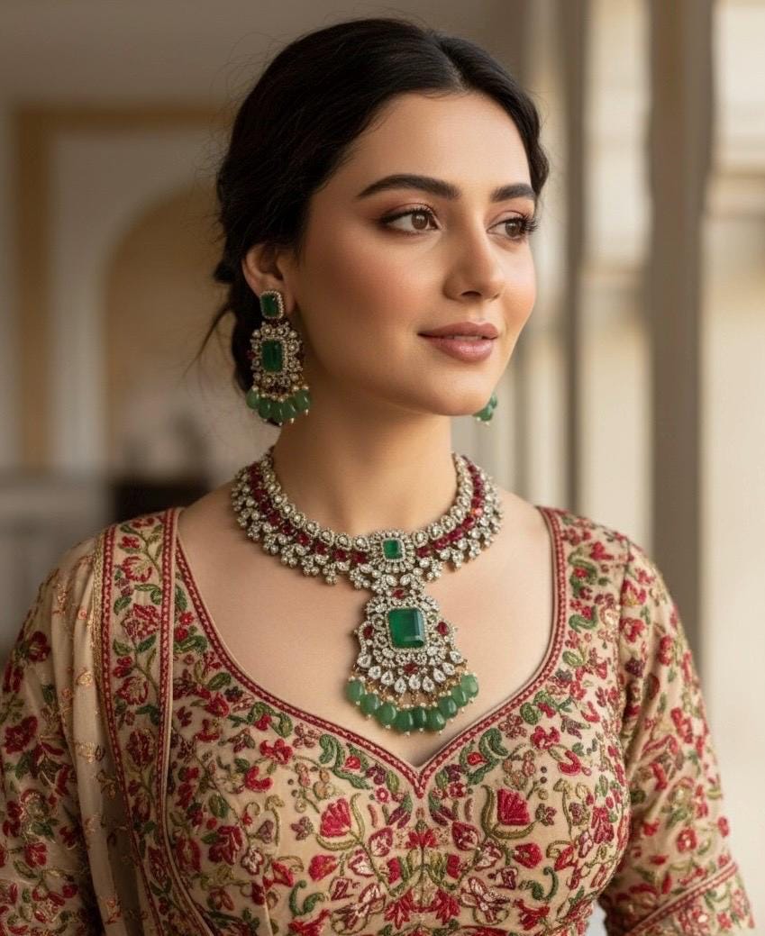 JODHA Sabyasachi inspired green ruby choker set, polki kundan necklace set in doublet stone,Ethnic Indian Bridal wedding jewelry