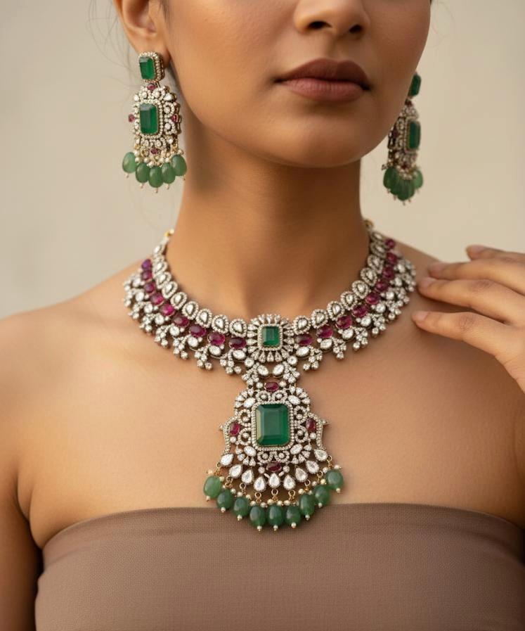 JODHA Sabyasachi inspired green ruby choker set, polki kundan necklace set in doublet stone,Ethnic Indian Bridal wedding jewelry