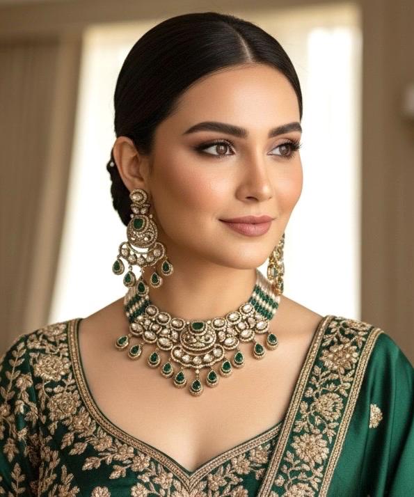 KASHMIRA Green Premium quality Moissanite and kundan Necklace set, Indian Pakistani wedding bridal jewelry uncut polki festive jewelry