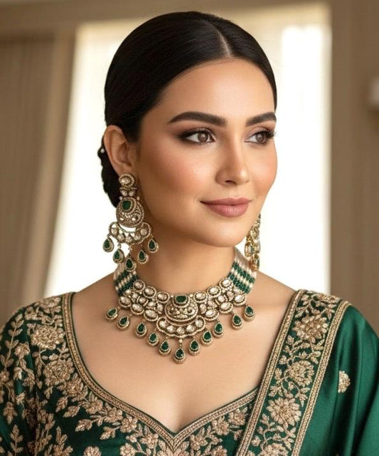 KASHMIRA Green Premium quality Moissanite and kundan Necklace set, Indian Pakistani wedding bridal jewelry uncut polki festive jewelry