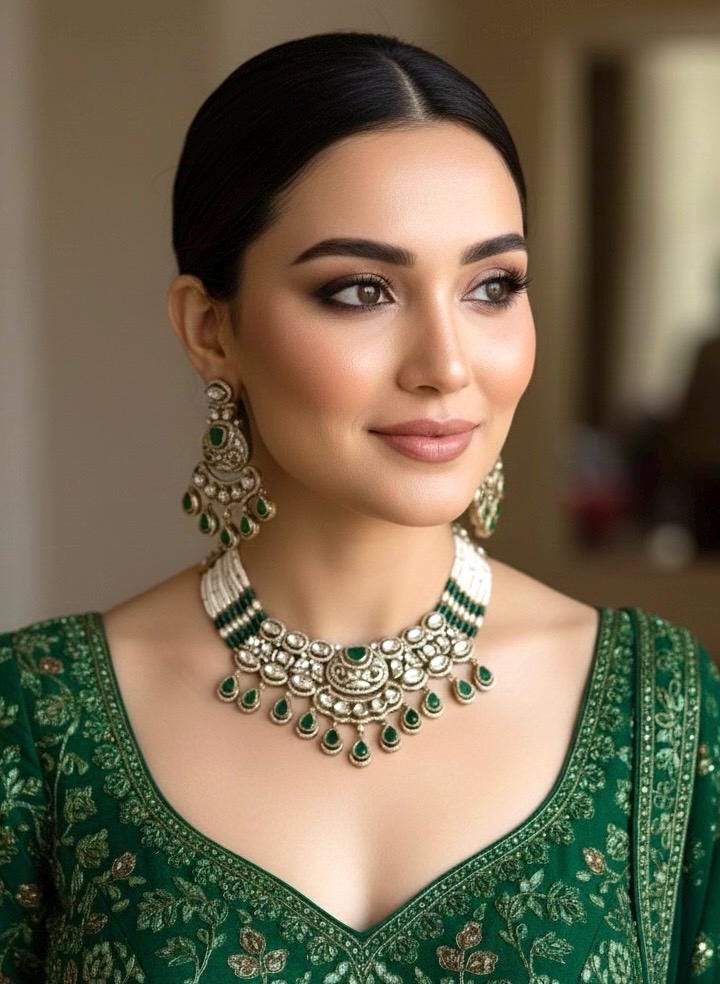 KASHMIRA Green Premium quality Moissanite and kundan Necklace set, Indian Pakistani wedding bridal jewelry uncut polki festive jewelry