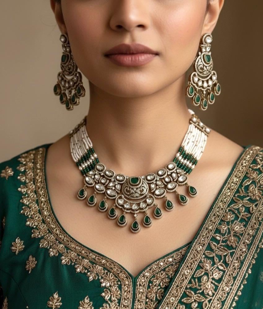 KASHMIRA Green Premium quality Moissanite and kundan Necklace set, Indian Pakistani wedding bridal jewelry uncut polki festive jewelry