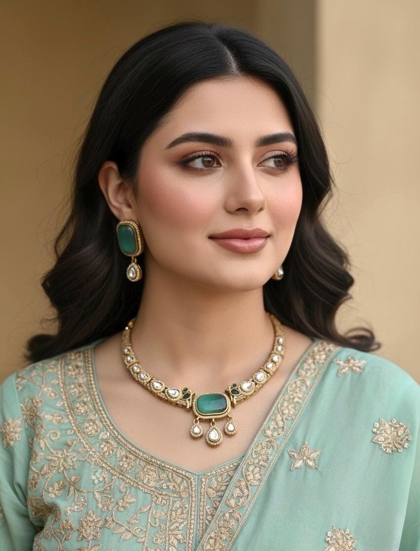 SUHASI mint kundan and zircon sleek hasli style necklace set in golden polish,Indian Pakistani victorian style jewelry in mint colour