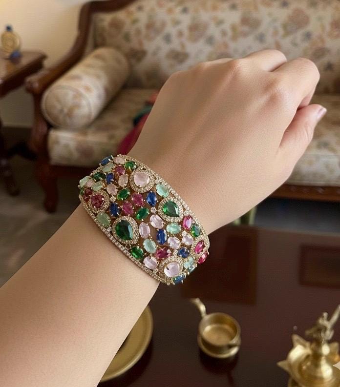 MYRA multicoloured stones openable bracelet in antique golden polish