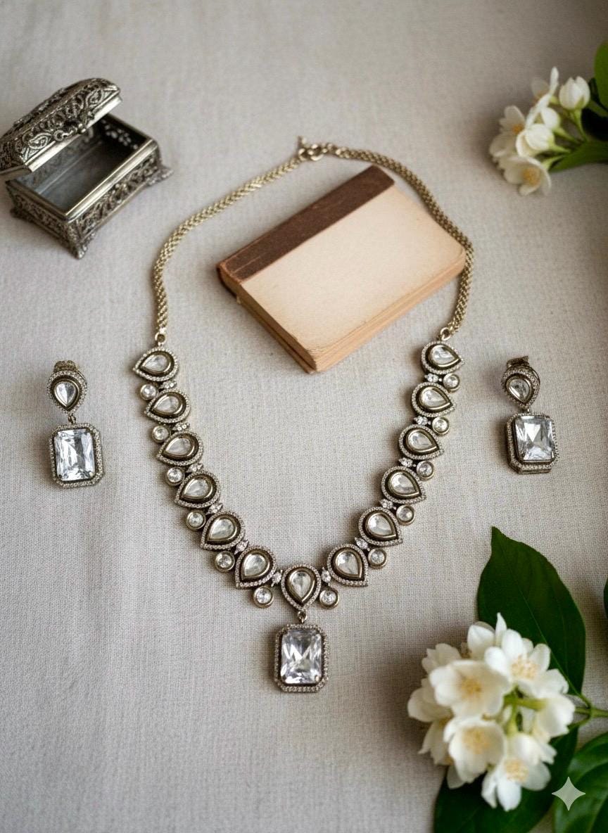 REEVA Clear stones Premium quality Moissanite and kundan cz Necklace set ,indian Pakistani wedding bridal colourless jewelry