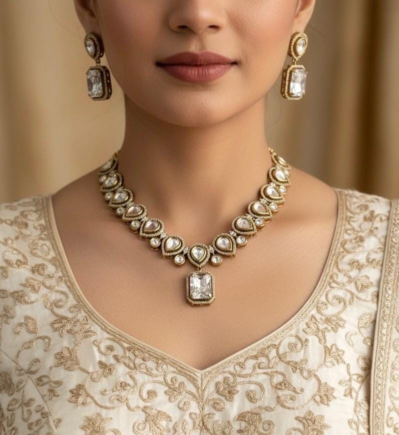 REEVA Clear stones Premium quality Moissanite and kundan cz Necklace set ,indian Pakistani wedding bridal colourless jewelry