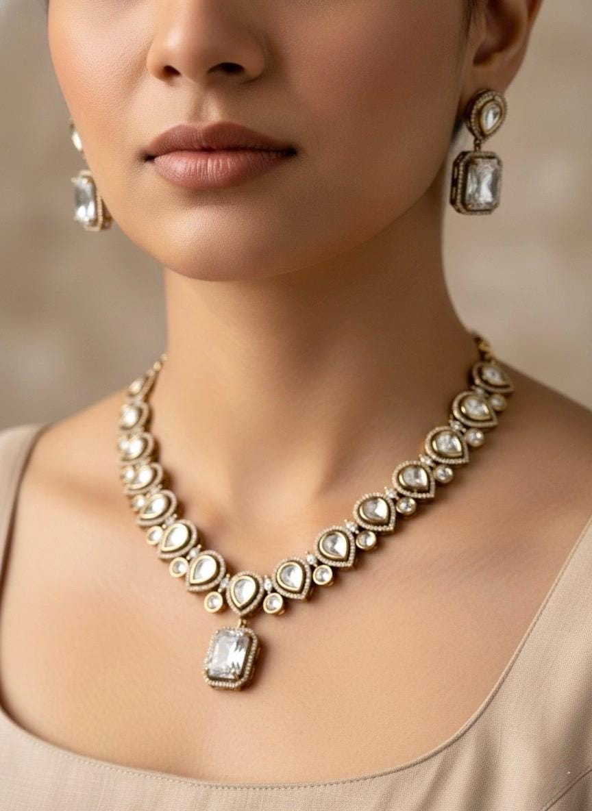 REEVA Clear stones Premium quality Moissanite and kundan cz Necklace set ,indian Pakistani wedding bridal colourless jewelry