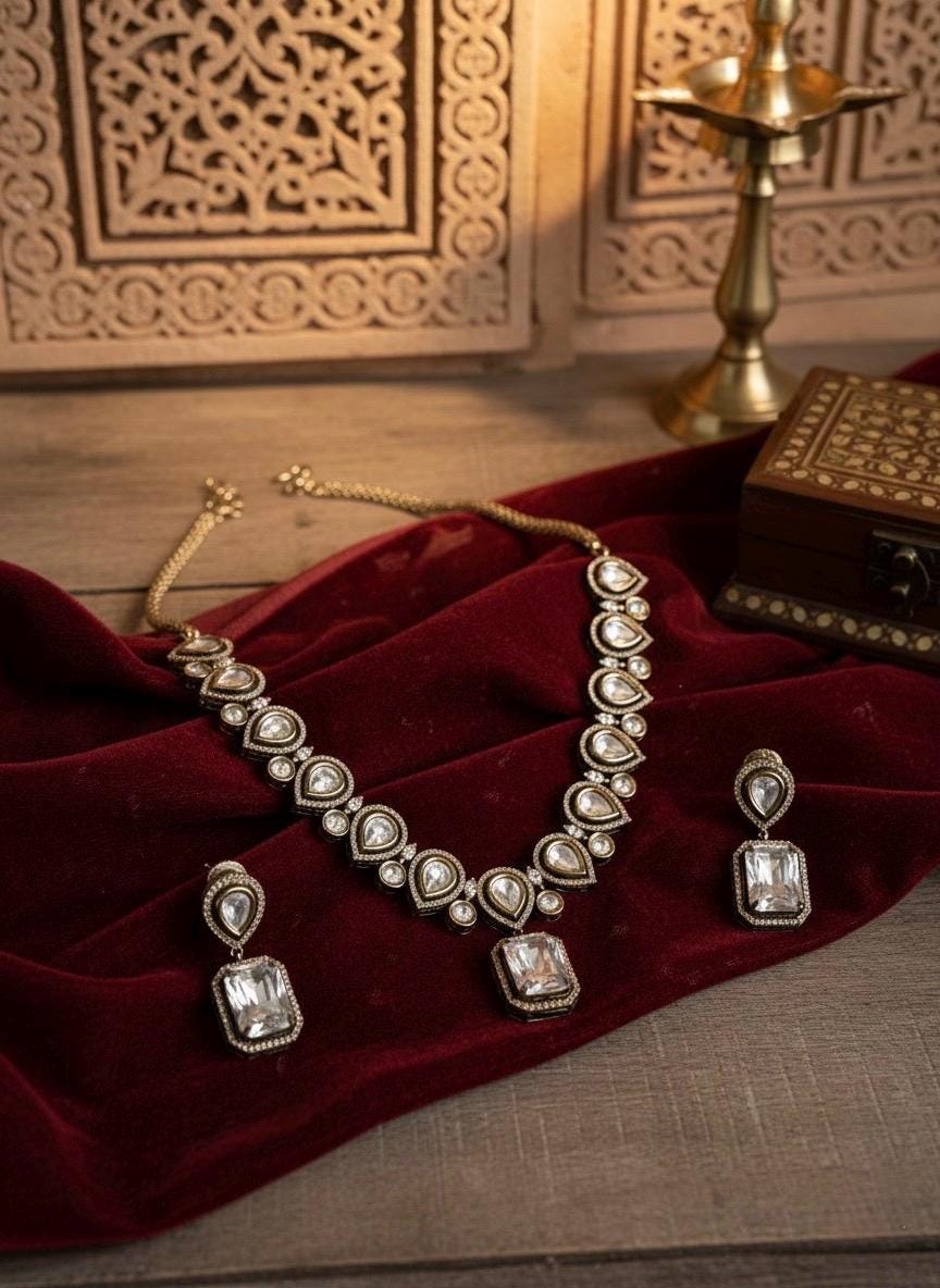 REEVA Clear stones Premium quality Moissanite and kundan cz Necklace set ,indian Pakistani wedding bridal colourless jewelry
