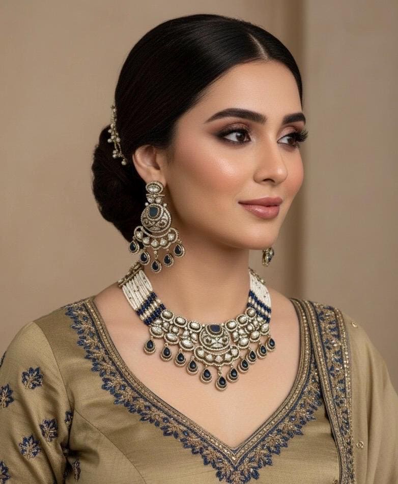 KASHMIRA Dark Blue quality Moissanite and kundan Necklace set, Indian Pakistani wedding bridal jewelry uncut polki festive jewelry