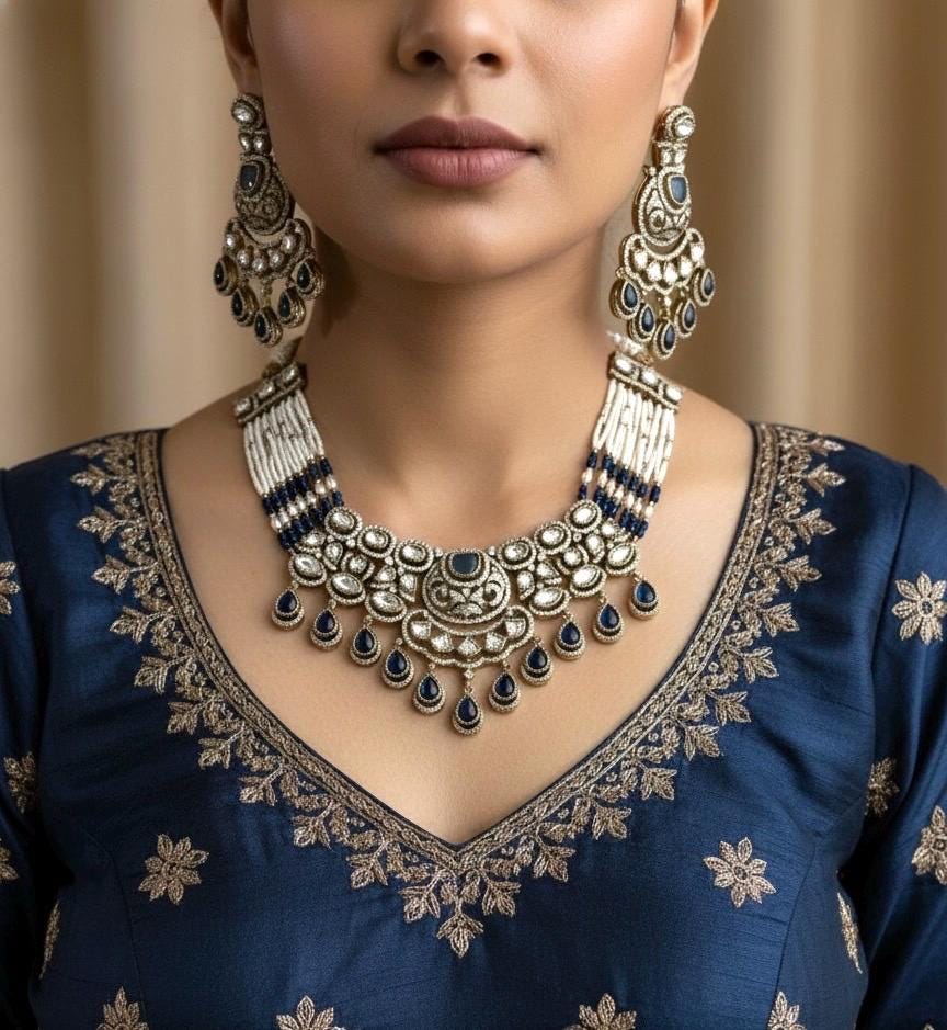 KASHMIRA Dark Blue quality Moissanite and kundan Necklace set, Indian Pakistani wedding bridal jewelry uncut polki festive jewelry