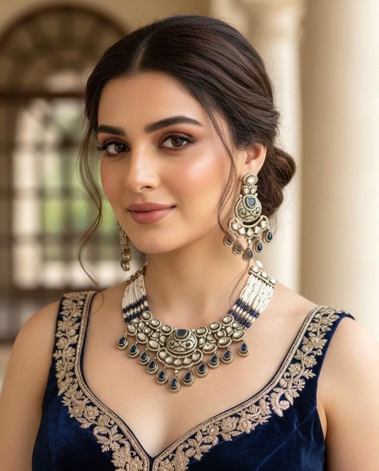KASHMIRA Dark Blue quality Moissanite and kundan Necklace set, Indian Pakistani wedding bridal jewelry uncut polki festive jewelry
