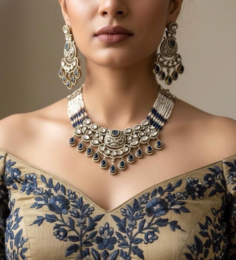 KASHMIRA Dark Blue quality Moissanite and kundan Necklace set, Indian Pakistani wedding bridal jewelry uncut polki festive jewelry