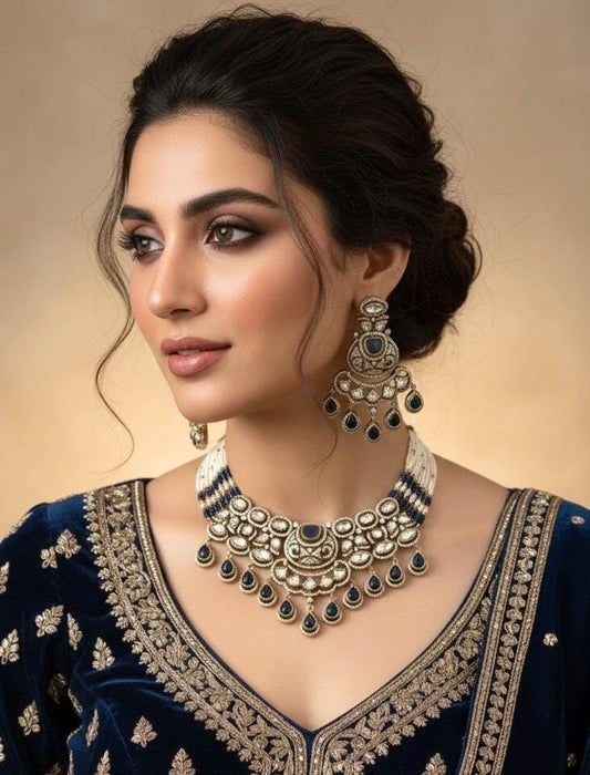 KASHMIRA Dark Blue quality Moissanite and kundan Necklace set, Indian Pakistani wedding bridal jewelry uncut polki festive jewelry