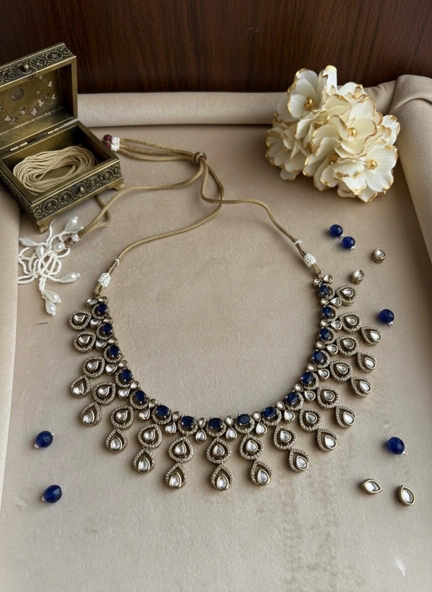 ARSHIA Royal blue Premium quality Moissanite and kundan Necklace set, Indian Pakistani wedding bridal jewelry,maangtika included