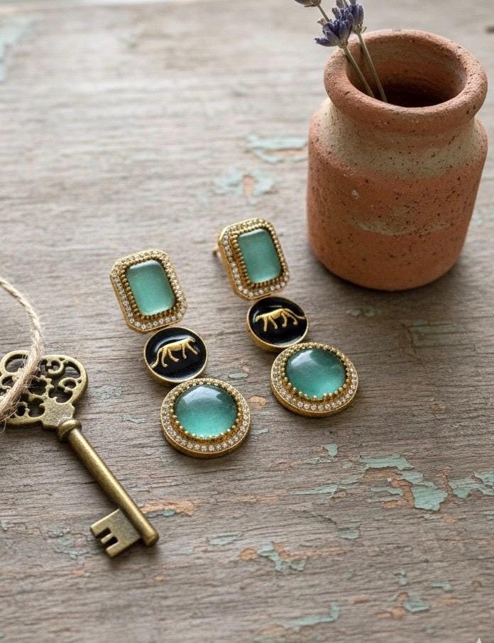 VIYA Sabyasachi inspired mint green earrings, Indian fusion earrings in mint green colour, indo western jewelry