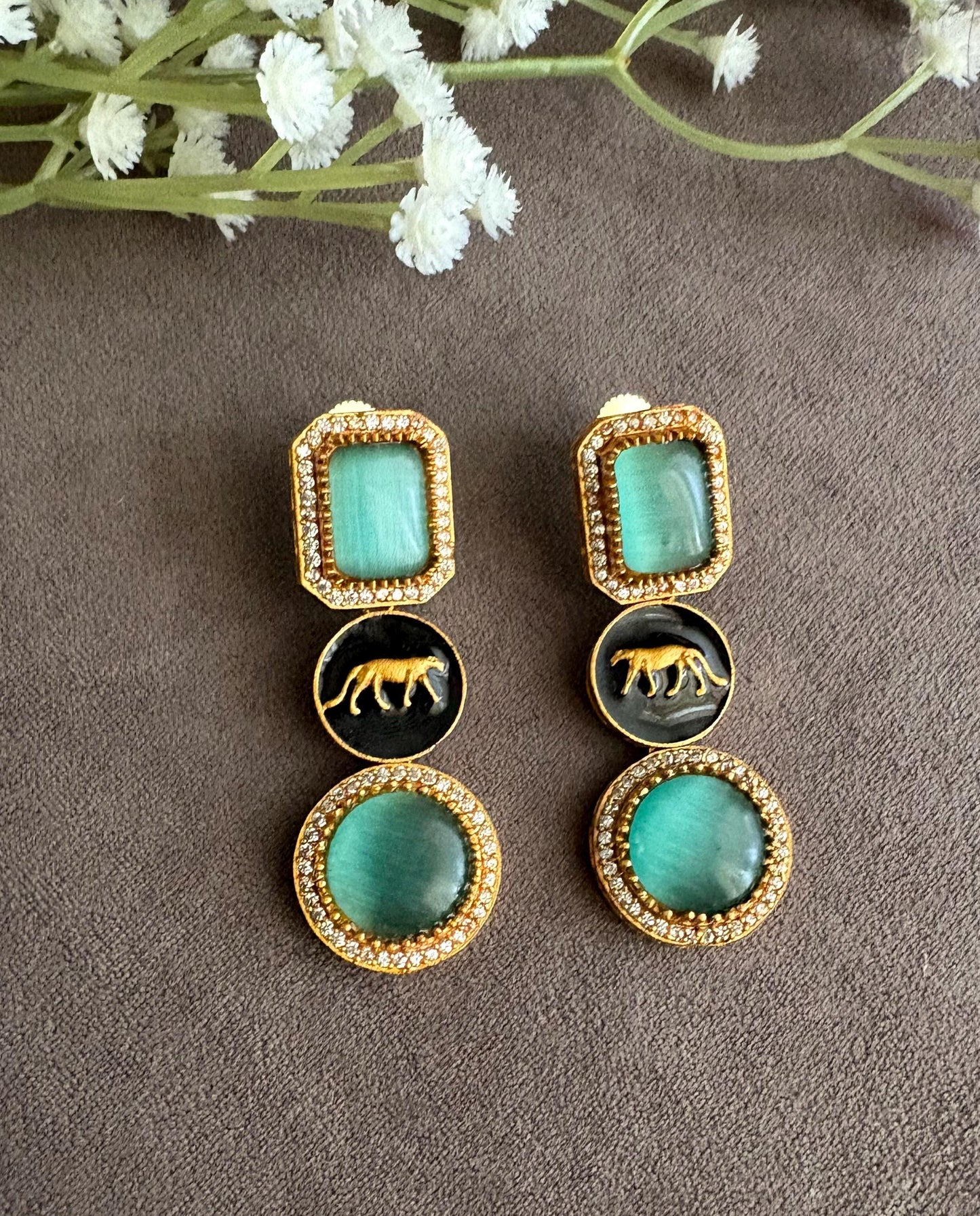 VIYA Sabyasachi inspired mint green earrings, Indian fusion earrings in mint green colour, indo western jewelry