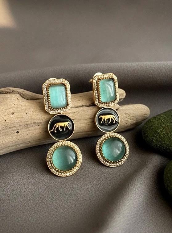 VIYA Sabyasachi inspired mint green earrings, Indian fusion earrings in mint green colour, indo western jewelry
