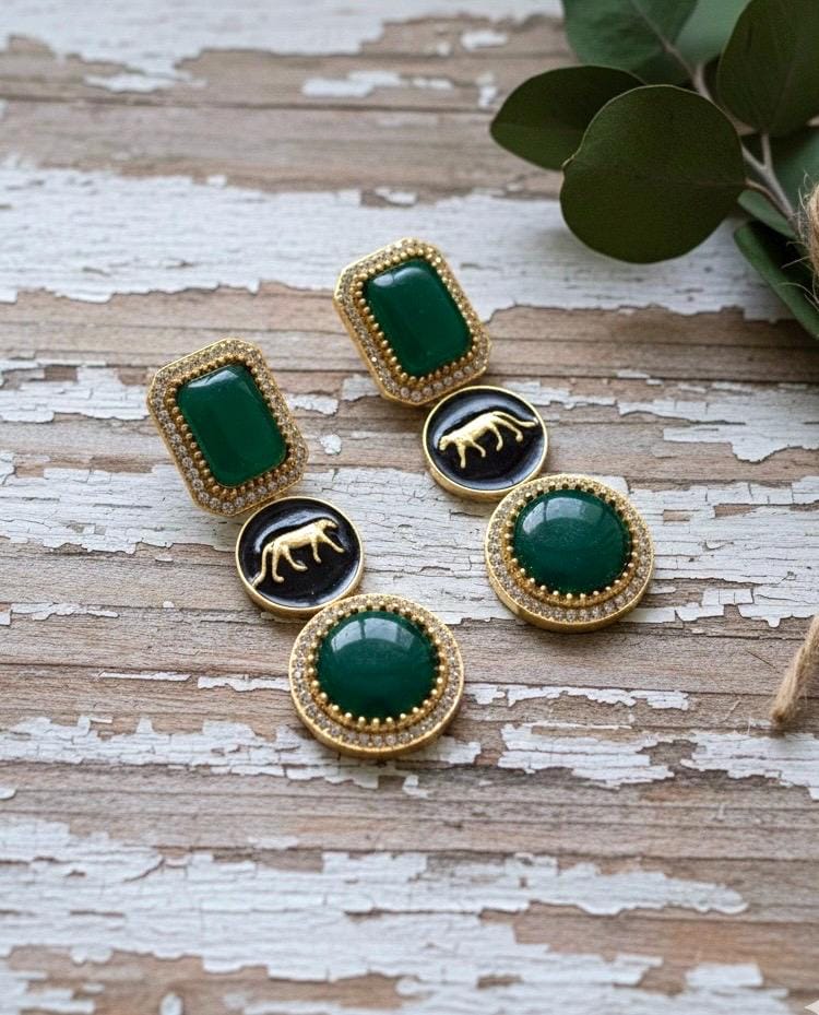 VIYA Sabyasachi inspired green colour earrings, Indian fusion earrings in green colour, indo western jewelry
