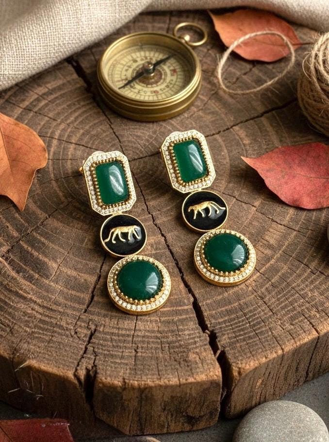 VIYA Sabyasachi inspired green colour earrings, Indian fusion earrings in green colour, indo western jewelry