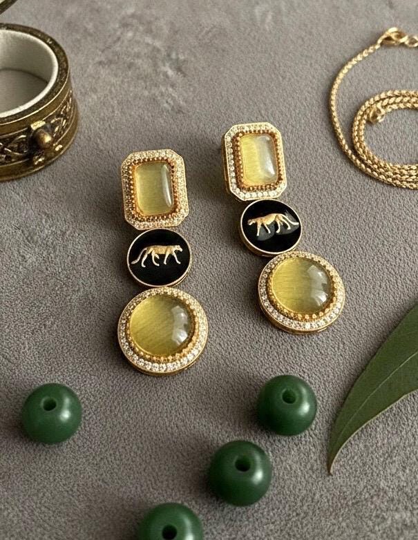 VIYA Sabyasachi inspired deep yellow colour earrings, Indian fusion earrings in yellow colour, indo western jewelry