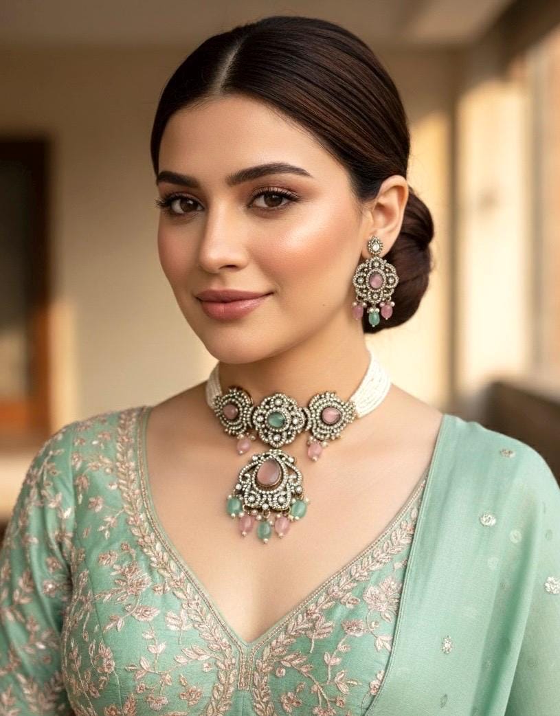 SUMAIRA mint pink kundan cz choker necklace earrings,indian wedding jewelry pakistani nikaah jewelry,mint pink colour bridal jewelry