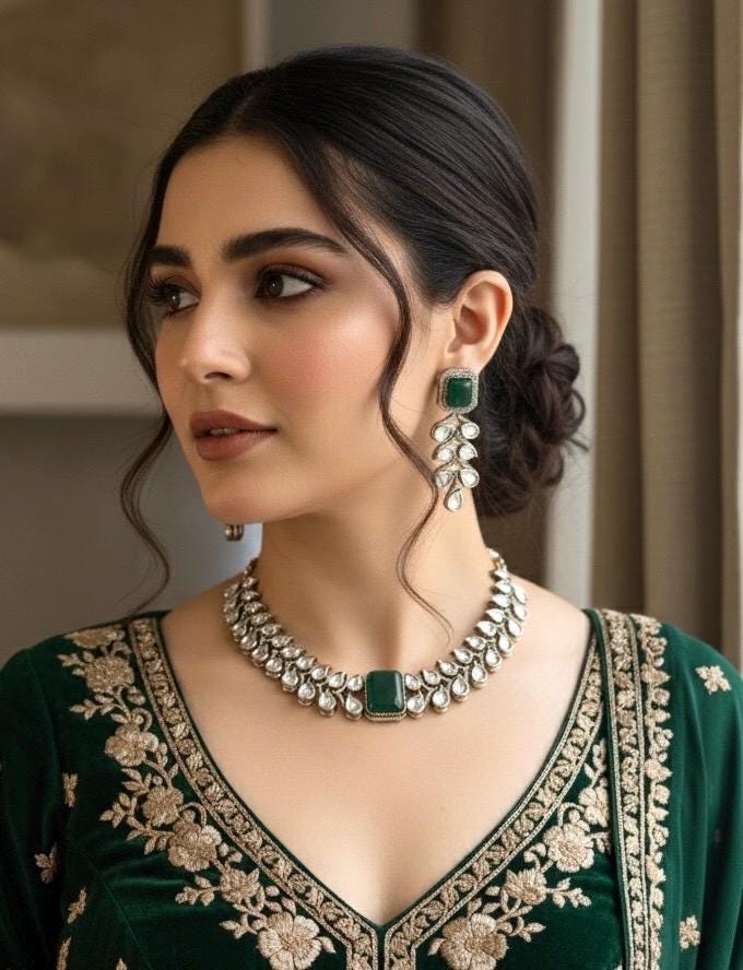 SHIRIN High quality Green stone necklace set in  Uncut Polki diamond ,cz Kundan Necklace and earrings ,Indian Pakistani bridal jewelry