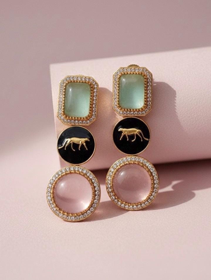 VIYA Sabyasachi inspired mint pink  earrings, Indian fusion earrings in mint pink colour, indo western jewelry