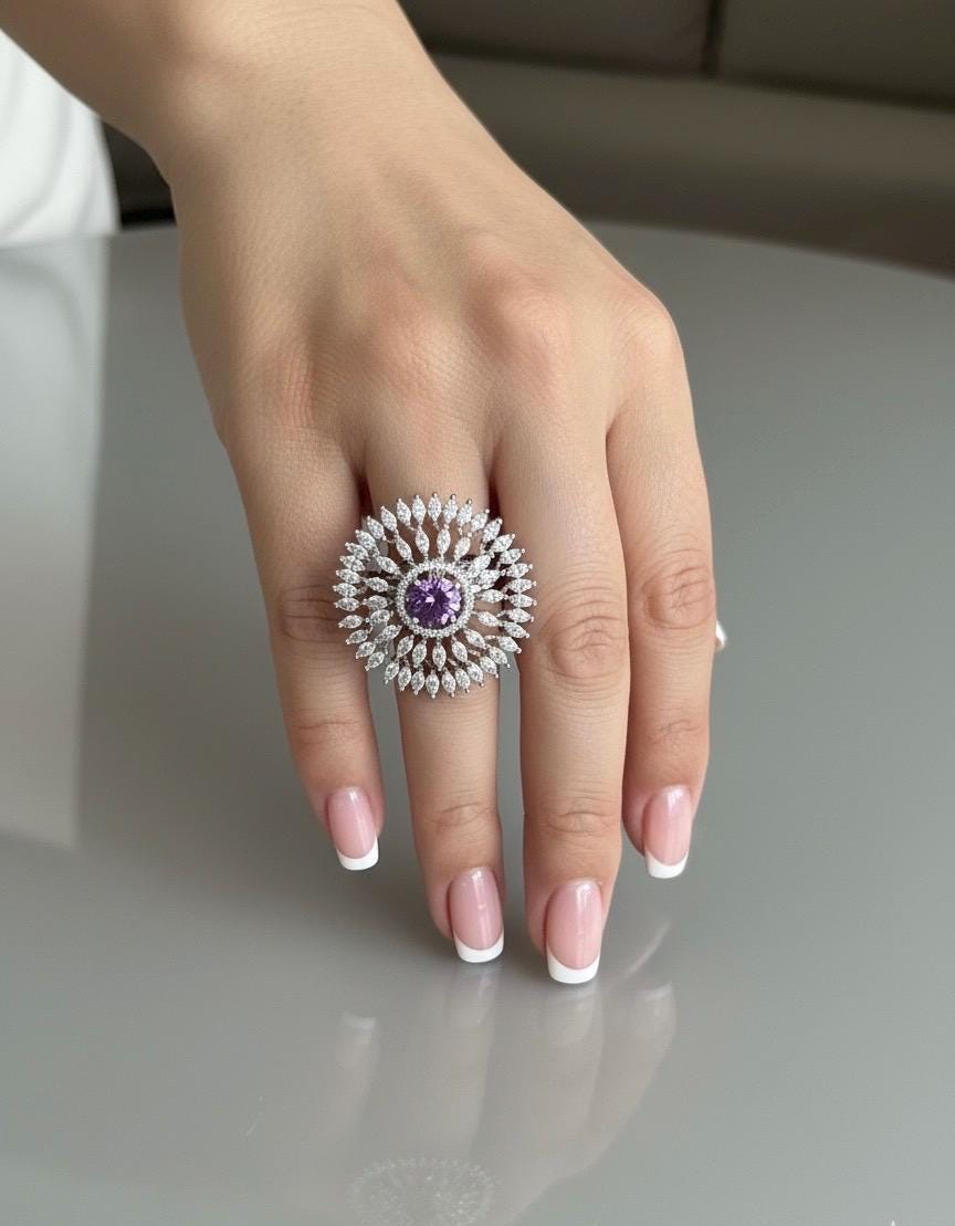 EMMA Purple cocktail ring ,adjustable American diamond ring ,high quality cz zircon amethyst jewelry