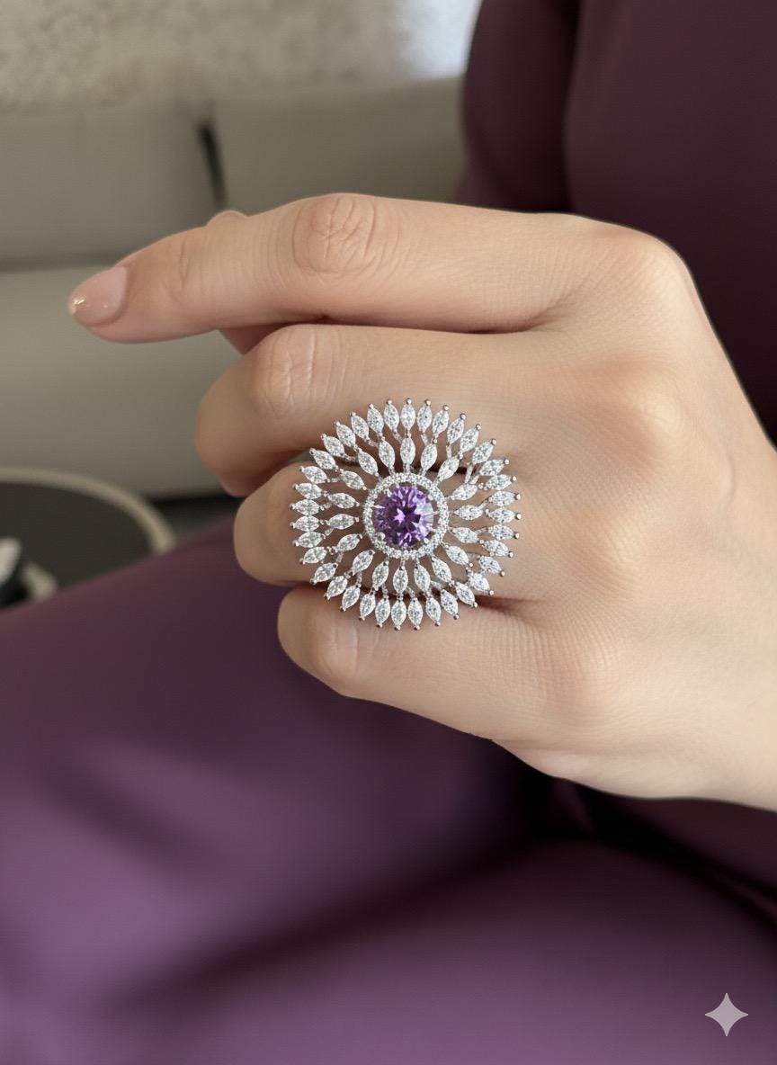 EMMA Purple cocktail ring ,adjustable American diamond ring ,high quality cz zircon amethyst jewelry