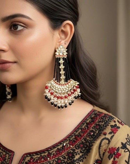 ZUNEIRA Black Red Gold Tone Royal Kundan Chandbali/ Indian dangler Earrings,Pakistani Wedding Jewelry/ bollywood kundan danglers
