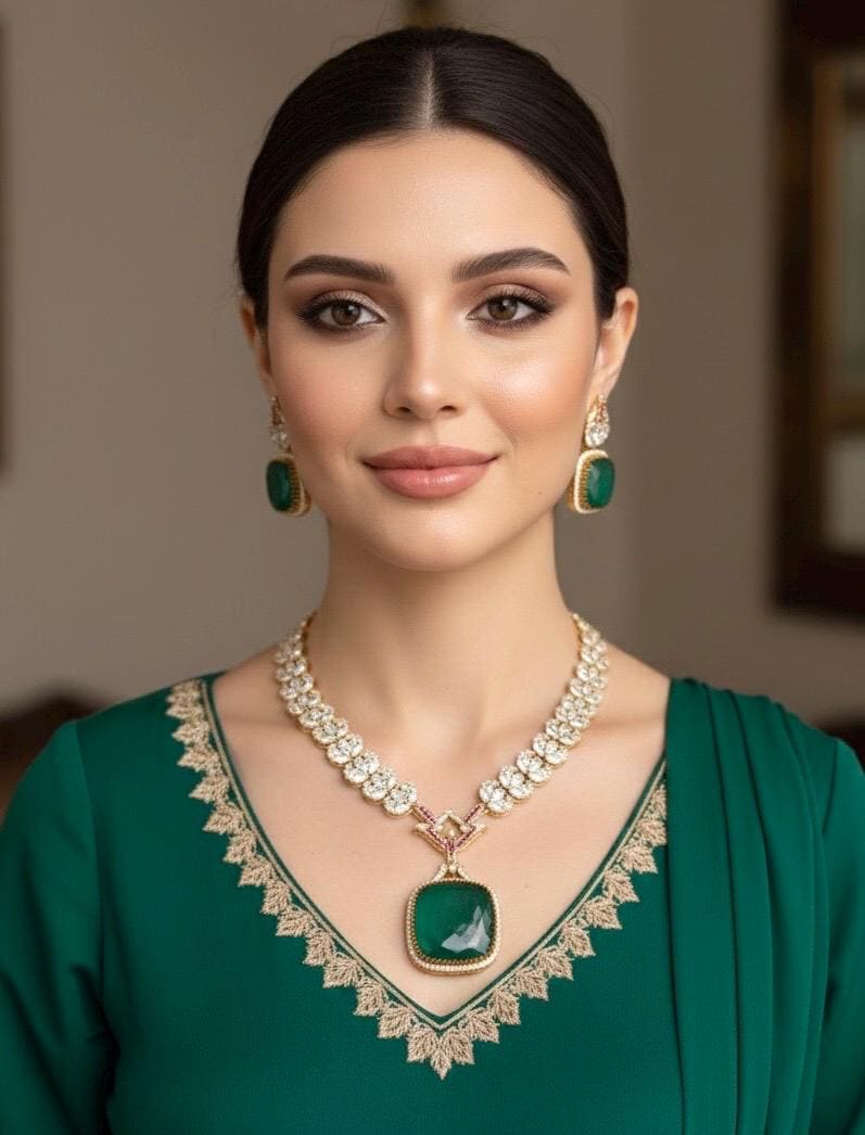 ARLEENA Victorian style Emerald green Doublet Stone Necklace Set in golden polish,cz zircon Indian Pakistani wedding bridal jewelry