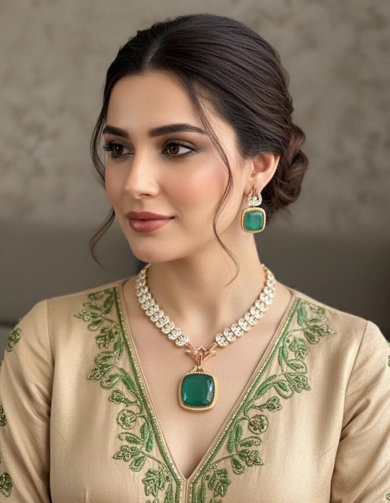 ARLEENA Victorian style Emerald green Doublet Stone Necklace Set in golden polish,cz zircon Indian Pakistani wedding bridal jewelry