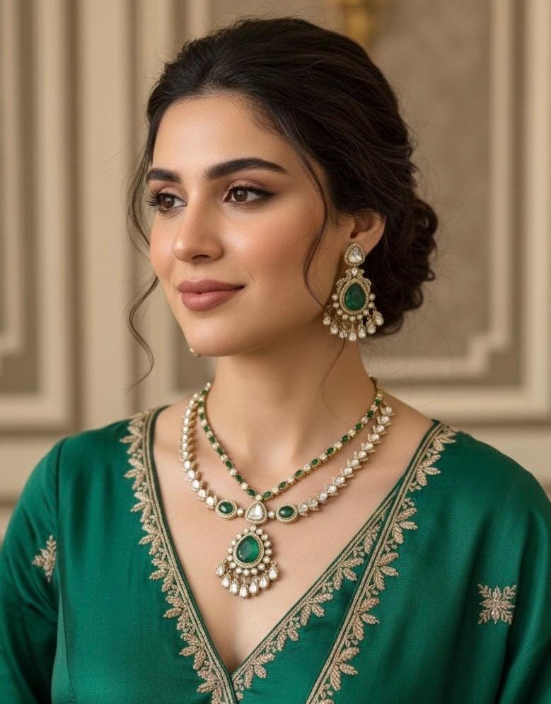 TARINI Emerald green cz polki doublet stone necklace set,Indian Pakistani green colour kundan wedding bridal jewelery